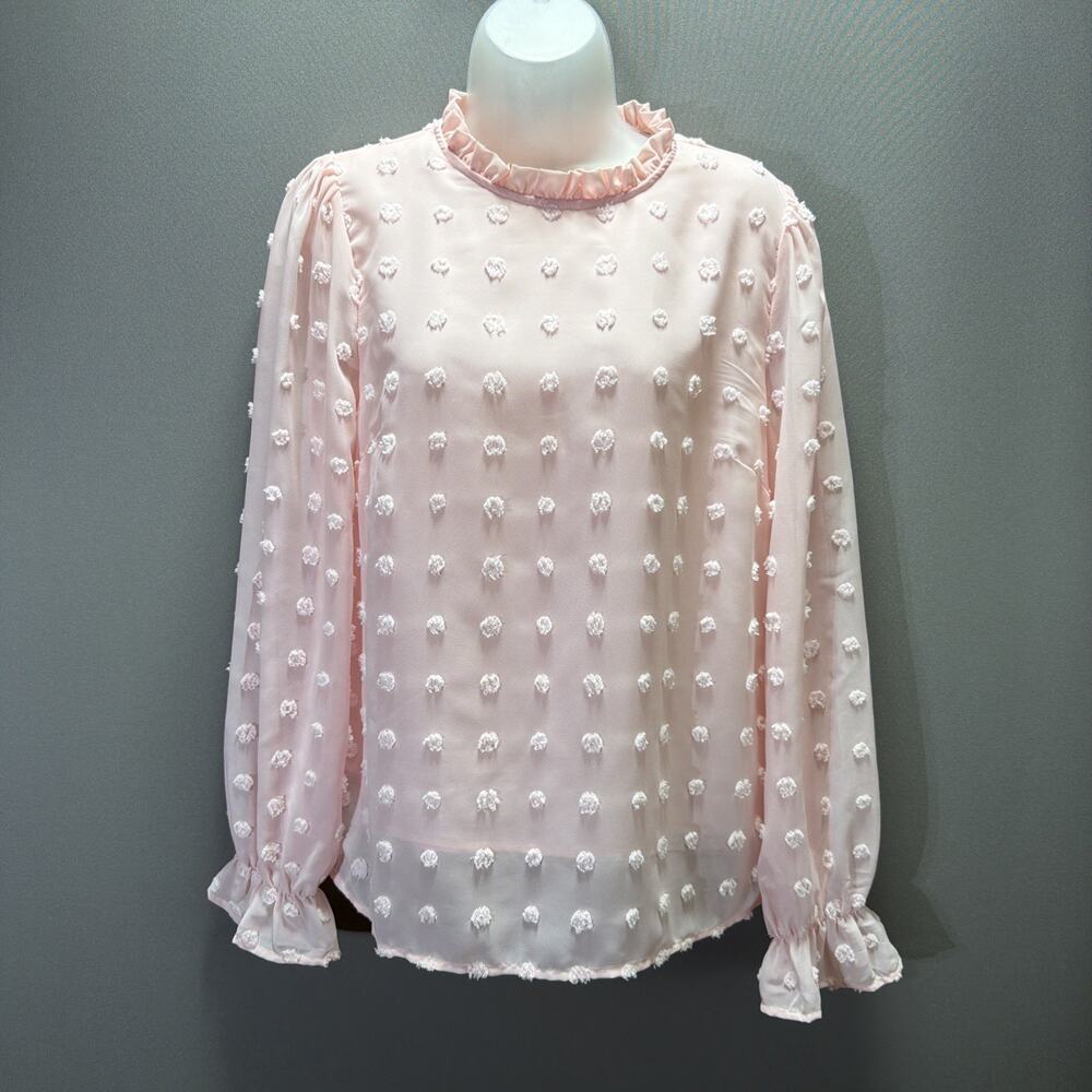 Andree By Unit Blouse Womens Medium Pink Swiss Dot Sheer Long Sleeve Boho Top